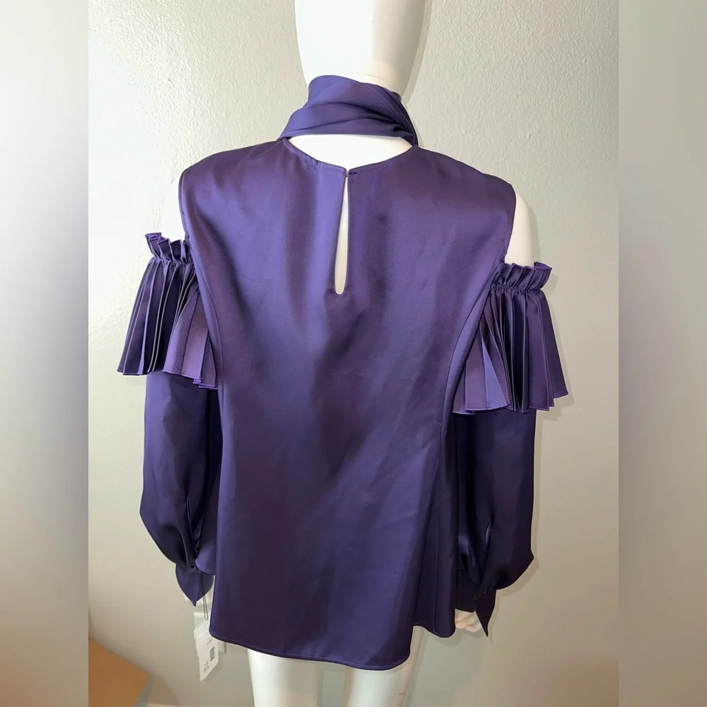 ADEAM Japan Intermix “Ashlee” purple cold shoulder pleated blouse top w ties XS - Picture 10 of 14